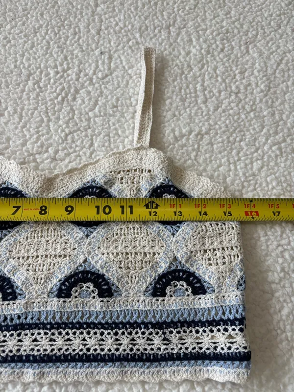Rebellion Boho Y2K Geometric Crochet Crop Tank Cami Top Blue Cream Size Small - Image 4