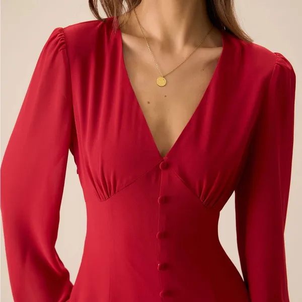 Rihoas Women's Red V-Neck Puff Sleeve Slit Midi Dress - Image 2