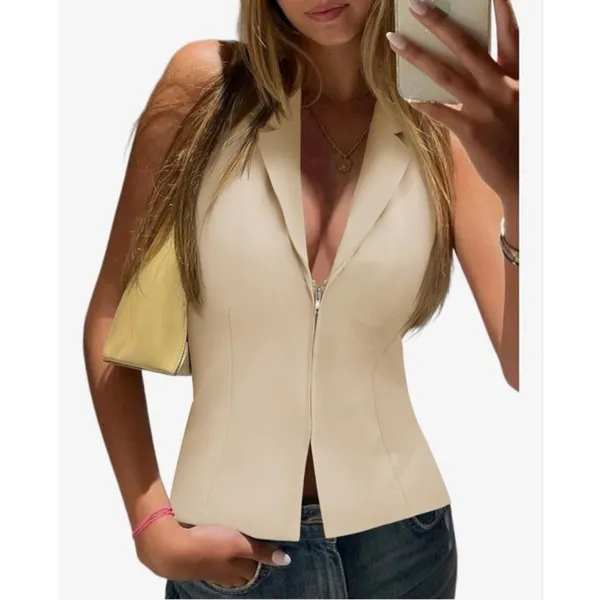 NEW Halter Blazer Vest Deep V Neck Zip Up Backless Smocked Waist M - Image 8