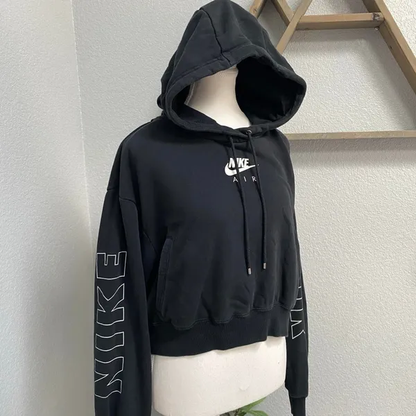 Nike Air Black Crop Hoodie White Spell Out Long Sleeve Pullover Activewear Gym - Image 2