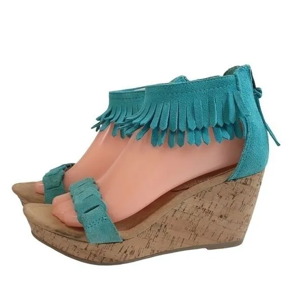 Minnetonka‎ Aqua suede fringe Nicki wedge sandals - Image 2