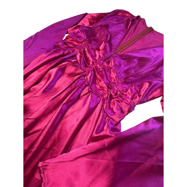 Magenta Pink Satin‎ Long Sleeve Ruched V-Neck Mini Dress S/M - Image 3