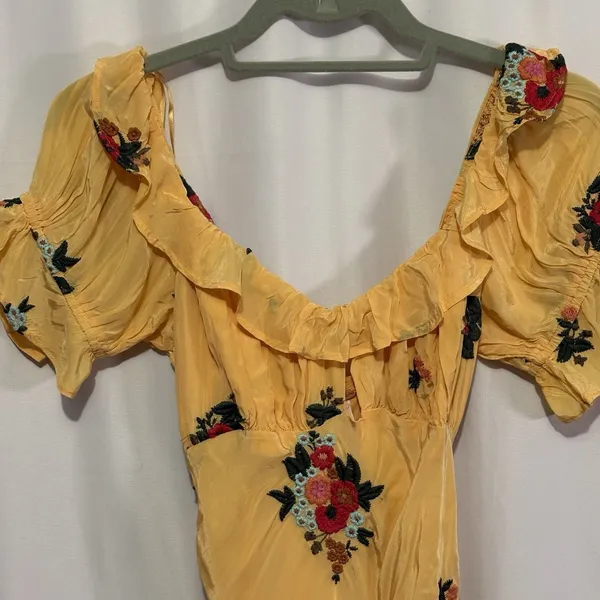 Free People Bali Santa Cruz Ruffle Maxi Dress S Yellow Floral Puff Sleeve Boho - Image 8