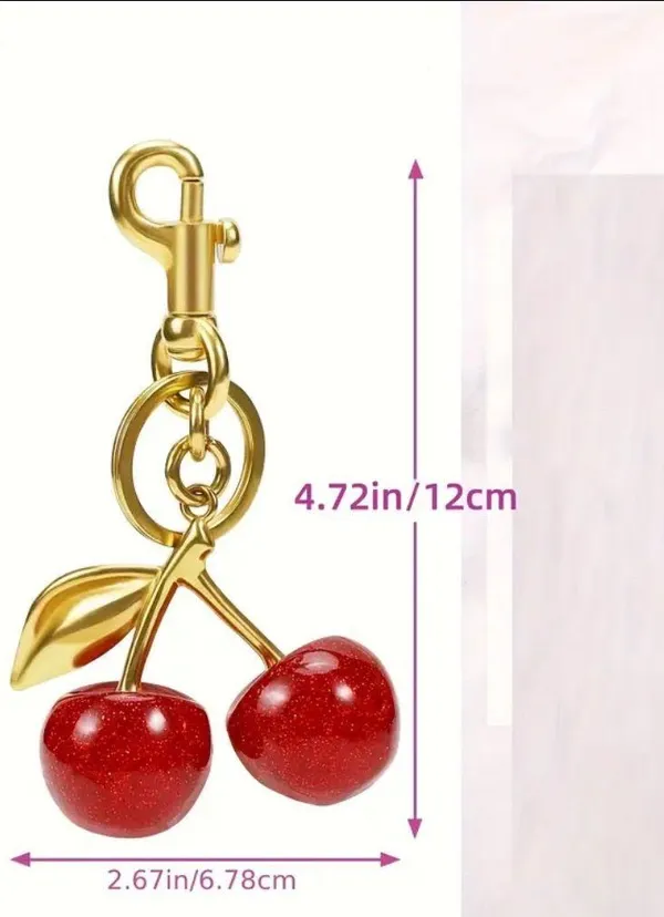 New Heavy Cherry Red Bag Charm Key Chain Glitter Resin & Goldtone C-clasp - Image 2