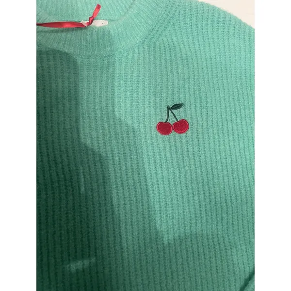 A New Day Womens Mint Green Ribbed Cherry Embroidered Crewneck Sweater Small NEW - Image 3
