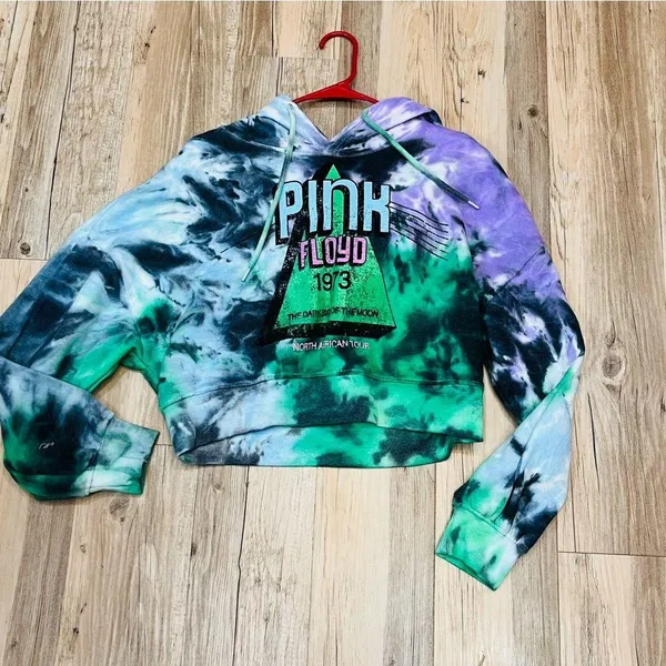 Pink Floyd Hoodie Women Cropped Tie Dye Pullover Sweatshirt sz Large - Image 3