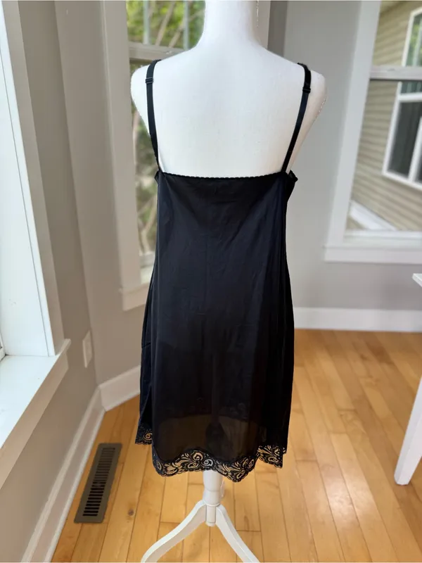 Vintage Bali Black Lace Trim Satin Chemise Slip Dress Size 34 - Image 4