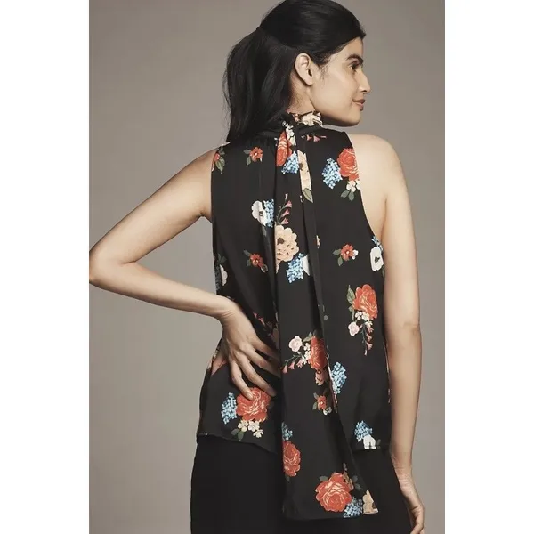 Anthropologie Black Floral Silky Halter Tank Lace Trim Sz XL Boho Romance NEW - Image 4