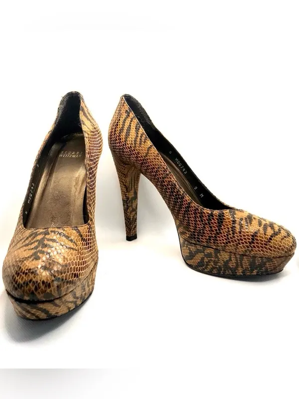 Stuart Weitzman Brown & Black Leather Animal Print Snakeskin Embossed Heels (9) - Image 4