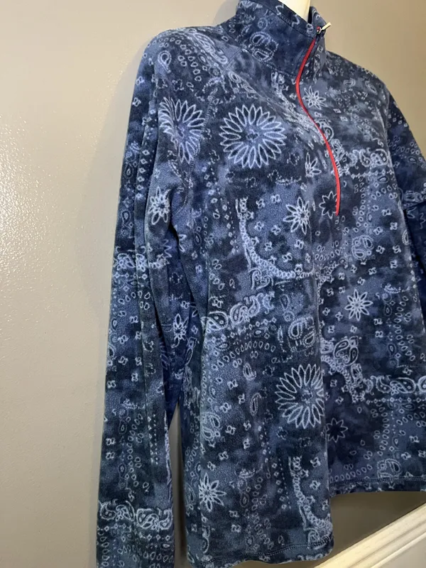 Eddie Bauer Fleece Pullover Womens Large Blue 1/4 Zip Paisley Floral Print - Image 3