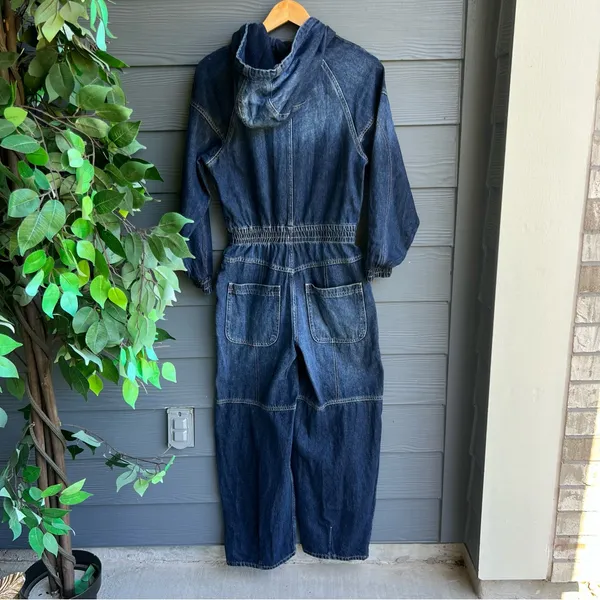 We The Free Women's Blue Denim Hooded Utility Long Sleeve Jumpsuit Size S - Image 6
