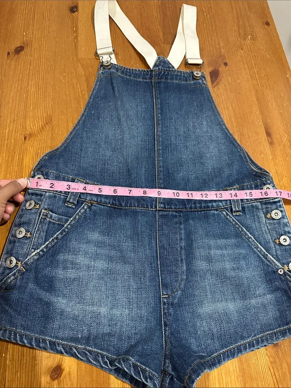 Free People Blue Denim Short Overalls with White Straps - Image 10