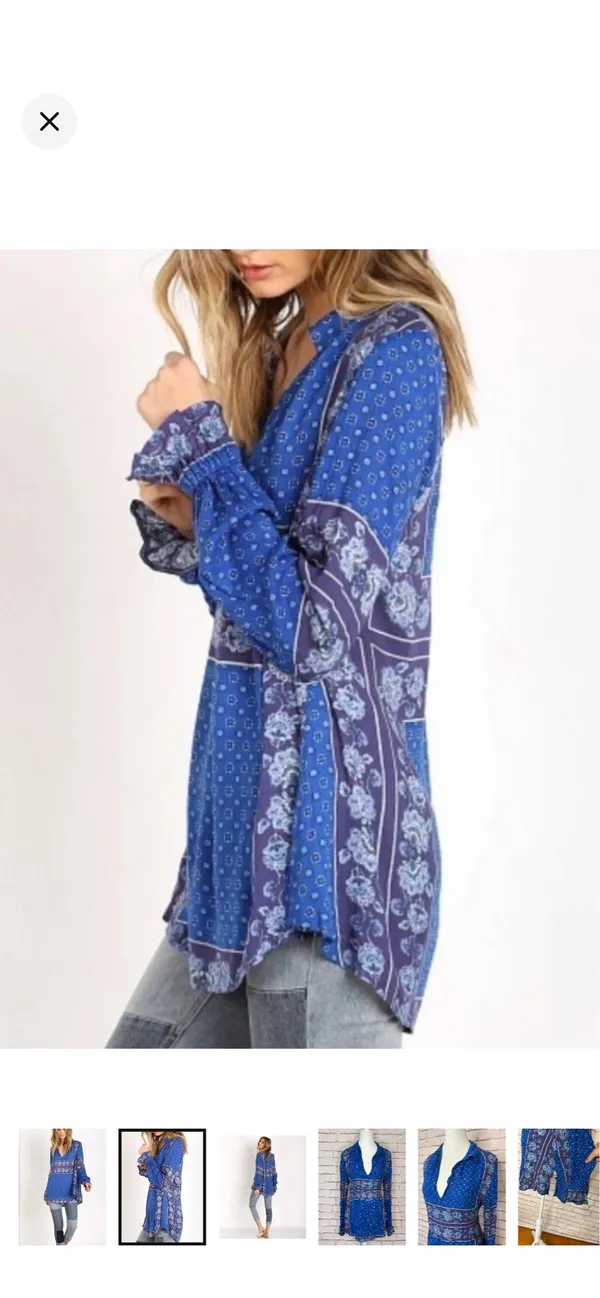 Free People Changing Times Tunic in Blue/Purple Paisley EUC Small. Oversize fit. No stretch. 100% rayon. Elastic and ruffle cuff. Deep v front. Split at hips. 19” bust 26-28” long - Image 2