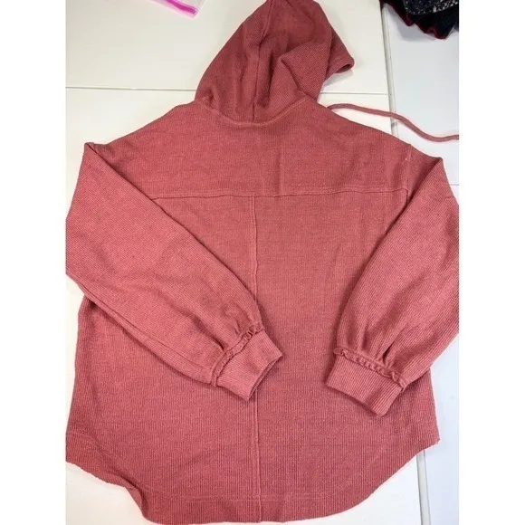 New In Waffle Knit Henley Hoodie‎ Dusty Rose Balloon Sleeve Pullover NT10889 M - Image 3