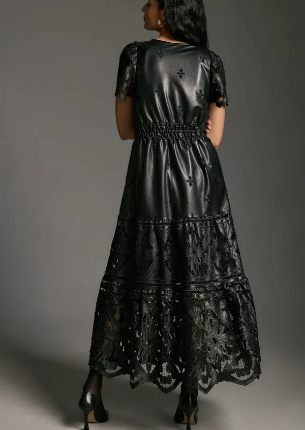 The Somerset Faux Leather Embroidered Cutwork Maxi Dress, Size XXS - Image 5