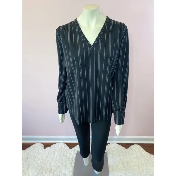 Ann Taylor Black Diagonal Striped V-Neckline Blouse - Image 3