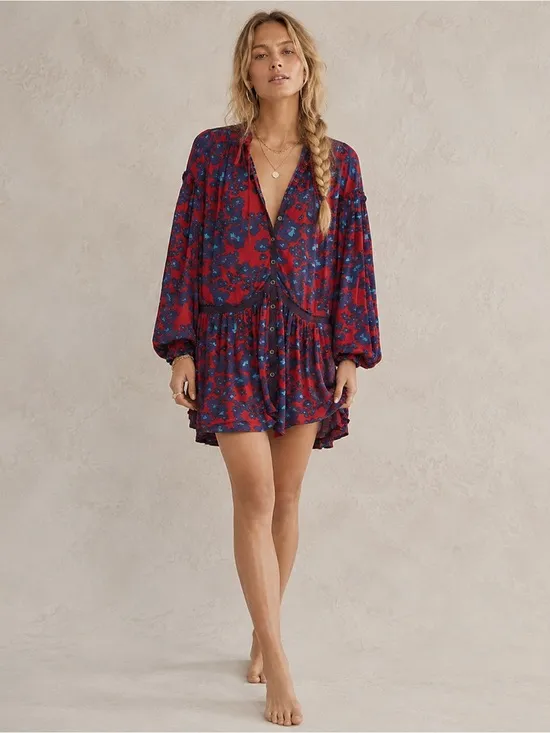 NEW Free People Red Floral Bohemian Keyhole Long Sleeve Mini Dress LRG Tunic - Image 6