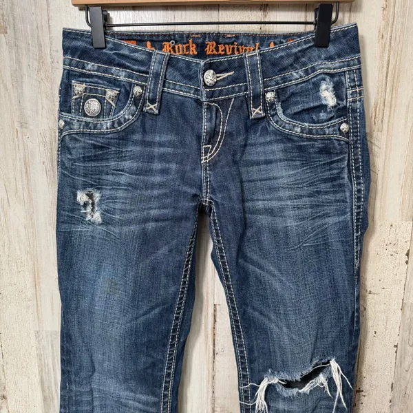 Rock Revival Tori Bootcut Dark Wash Distressed Button Pockets Jeans Womens‎ 26 - Image 3