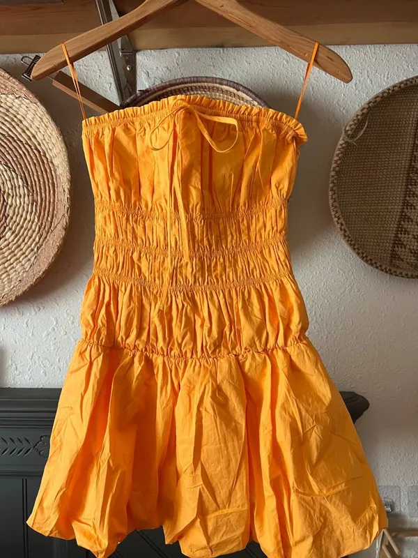 Bubble smocked strapless Mini Dress Game Day Sweetheart in Marigold Orange XS - Image 2