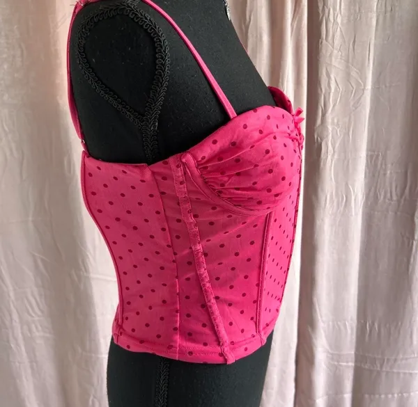 Pink polka dot corset top with bow detail - Image 2
