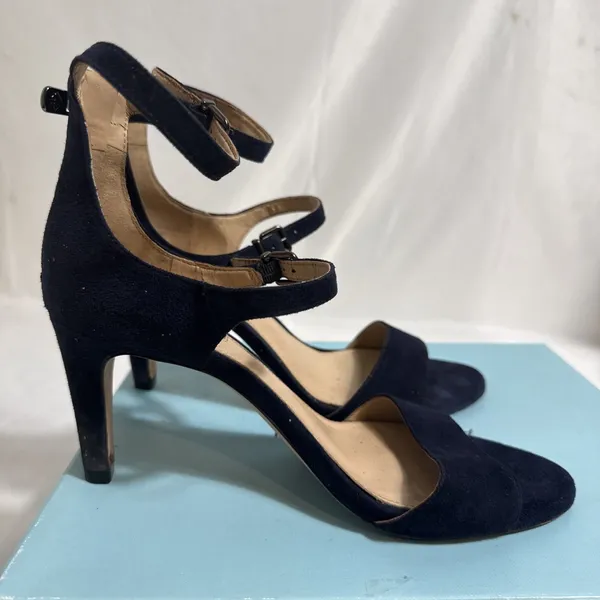 Antonio Melani Navy Suede Shoes Womens 8 M Open Toe Strappy Heels Zipper - Image 14