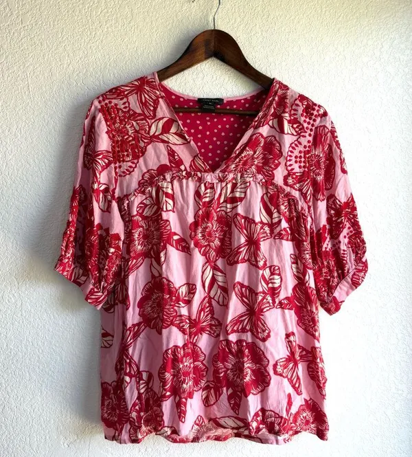 Anthropologie Vineet Bahl Womens Shirt l Pink Red Floral Embroidered Size Medium - Image 2