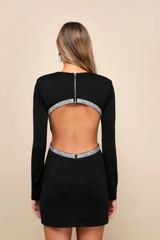 NWOT Lulus Sparkling Black Rhinestone Cutout Long Sleeve Mini Dress Size XS - Image 6