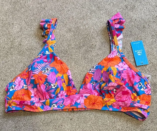 Cupshe Pink Floral Ruffle Trim Bikini Swim Top Size XL - Image 3