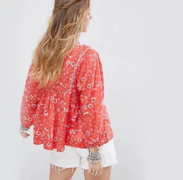 Free People Never A Dull Moment Top Red White Floral V-neck Boxy - Image 2