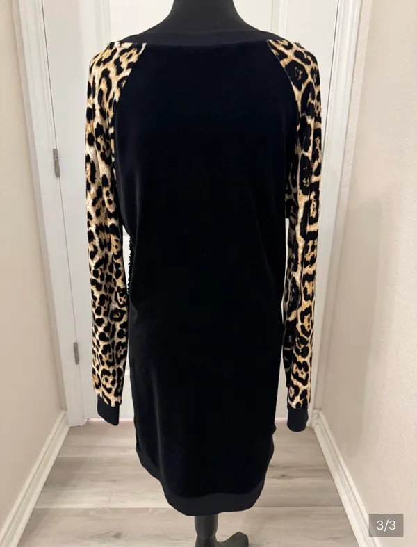 Boston Proper Black Sequin Dress with Leopard Print Long Sleeves - Image 2