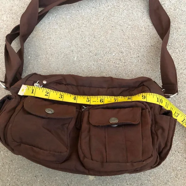 Y2K Brown shoulder messenger crossbody schoolgirl bratz bag purse cargo pocket goth academia satchel #preppy #2000s #streetwear #acubi #whimsygoth silver accents Measurement in pics - Image 2