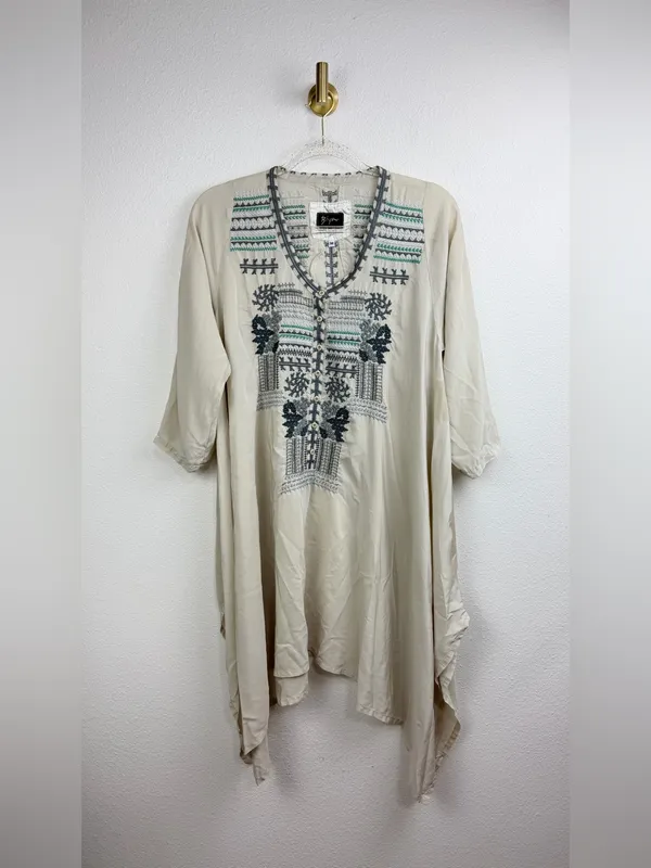 BIYA by Johnny Was Oversized Silk Embroidered Asymmetrical Hem Tunic Dress SZ M - Image 2