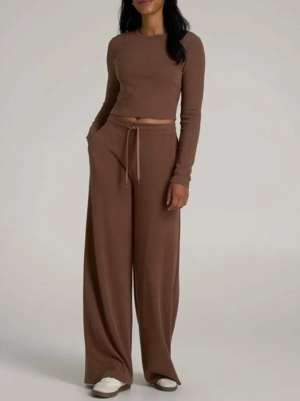 American Tall Waffle Knit Wide Leg Pants Size Medium Extra Tall Brown Lounge - Image 12