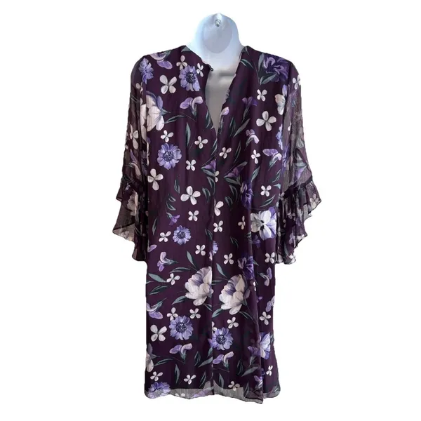 NWT Calvin Klein Size 4 Purple Floral Chiffon Bell Sleeve Dress - Wedding Guest‎ - Image 3