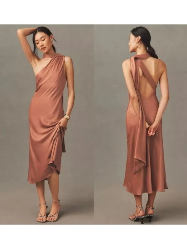 BHLDN Nicoletta One Shoulder Scarf Satin Midi Dress - Image 2