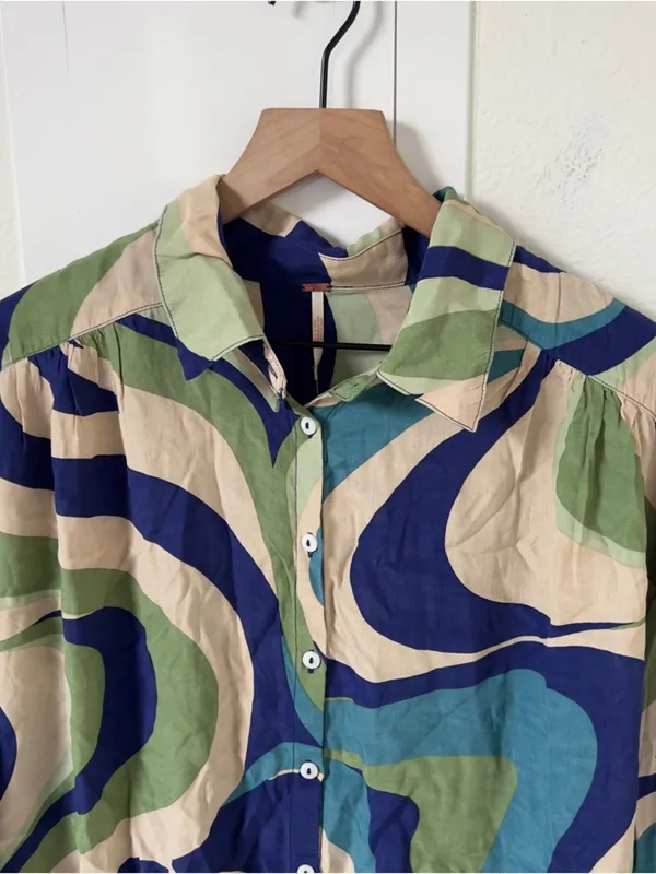 NWT Free People Joy Printed Button Down Shirt in Teal & Blue Combo - Image 6