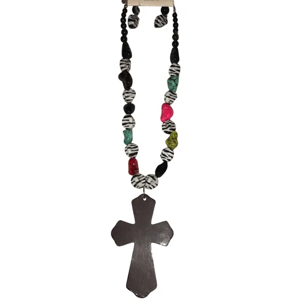 Zebra‎ Print Cross Necklace Set Colorful Rhinestone Pendant NWT - Image 3