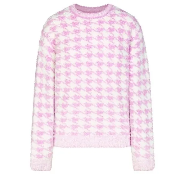 Skims L/XL‎ Cozy Knit Pullover Petal Pink Houndstooth Oversized Lounge Valentine - Image 6