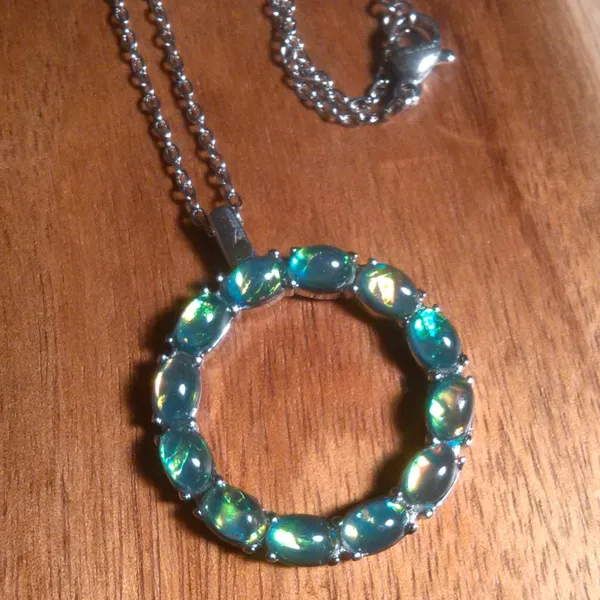 Green Color Simulated Opal Resin Stainless Steel Pendant Necklace - Image 2