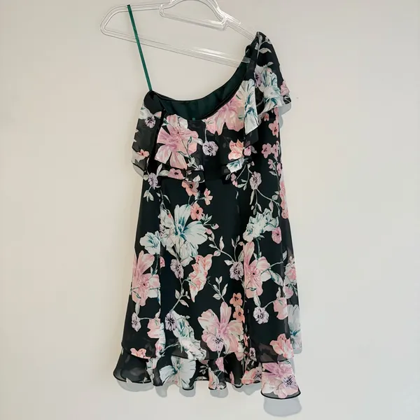 Eliza J Floral One Shoulder Ruffle Chiffon Dress green pink size‎ 2 - Image 3