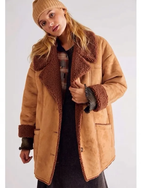 Free People Western Bohemian Retro 70s Faux Sherpa Suede Diogo Coat Size Large - Image 12