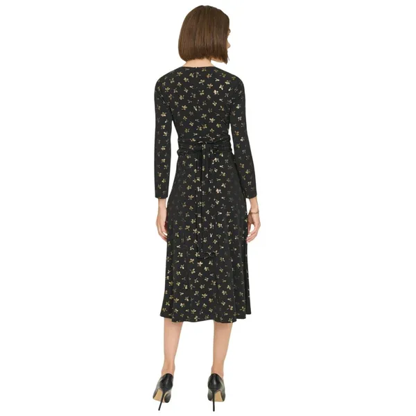NWT Tommy Hilfiger Womens Printed Ruched-Waist Dress A4IJ114A Black / Gold 2 - Image 2
