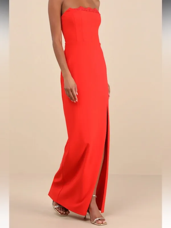 Lulus Memorably Iconic Red Strapless Lace Bustier Maxi Dress - Image 5
