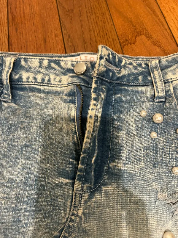 Tinseltown Crossover-Waist frayed hem Ripped Embellished Denim mini Skirt, 11 - Image 8