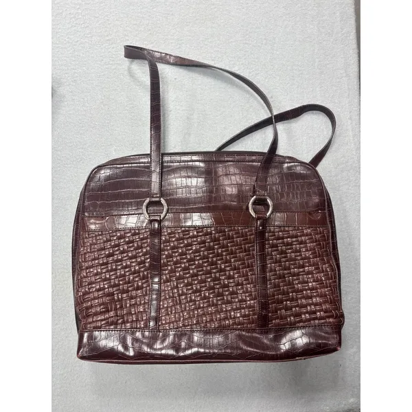 Coldwater Creek Laptop Tote Bag‎ Faux Croc Leather Woven Brown Shoulder Bag Work - Image 11
