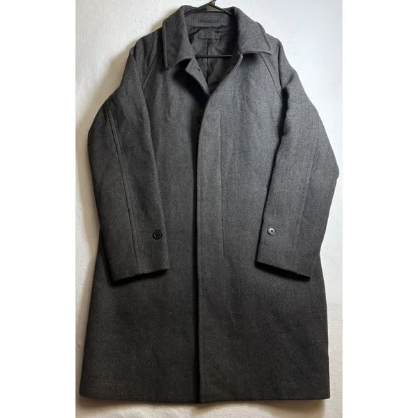 Uniqlo Herringbone Car Coat Charcoal Grey Button Front Overcoat - Image 4