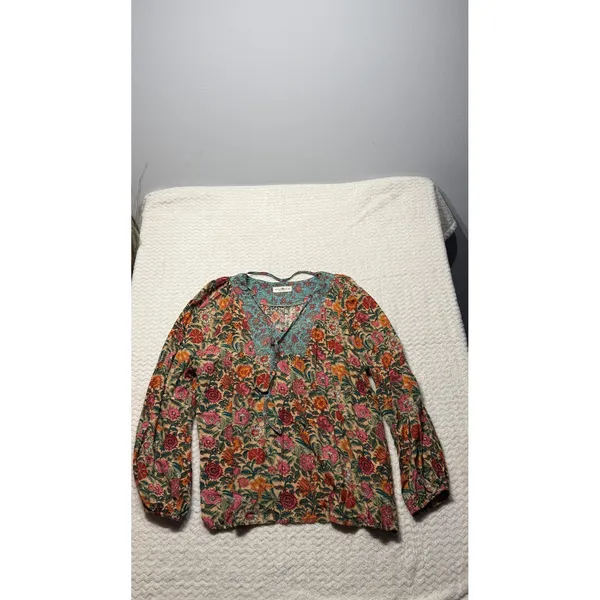 Natural Life Women XL Floral Boho Peasant Blouse V-Neck Long Sleeve Rayon Top - Image 2