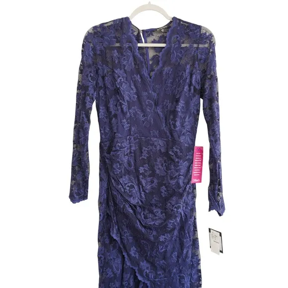 Marina NEW Navy Blue Floral Lace Faux‎ Wrap Midi Dress Asymmetrical Hem Wedding - Image 4