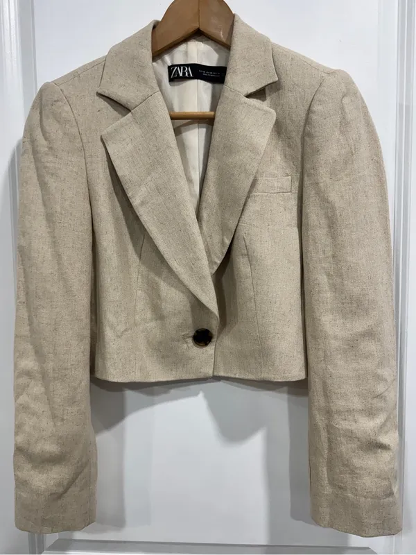 ZARA Beige Linen Blend Cropped Blazer Jacket Single Button Neutral Beige XS - Image 2