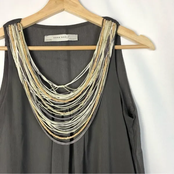 Zara‎ Charcoal Gray Y2K Beaded Scoop Neck Bubble Hem Mini Dress S - Image 3
